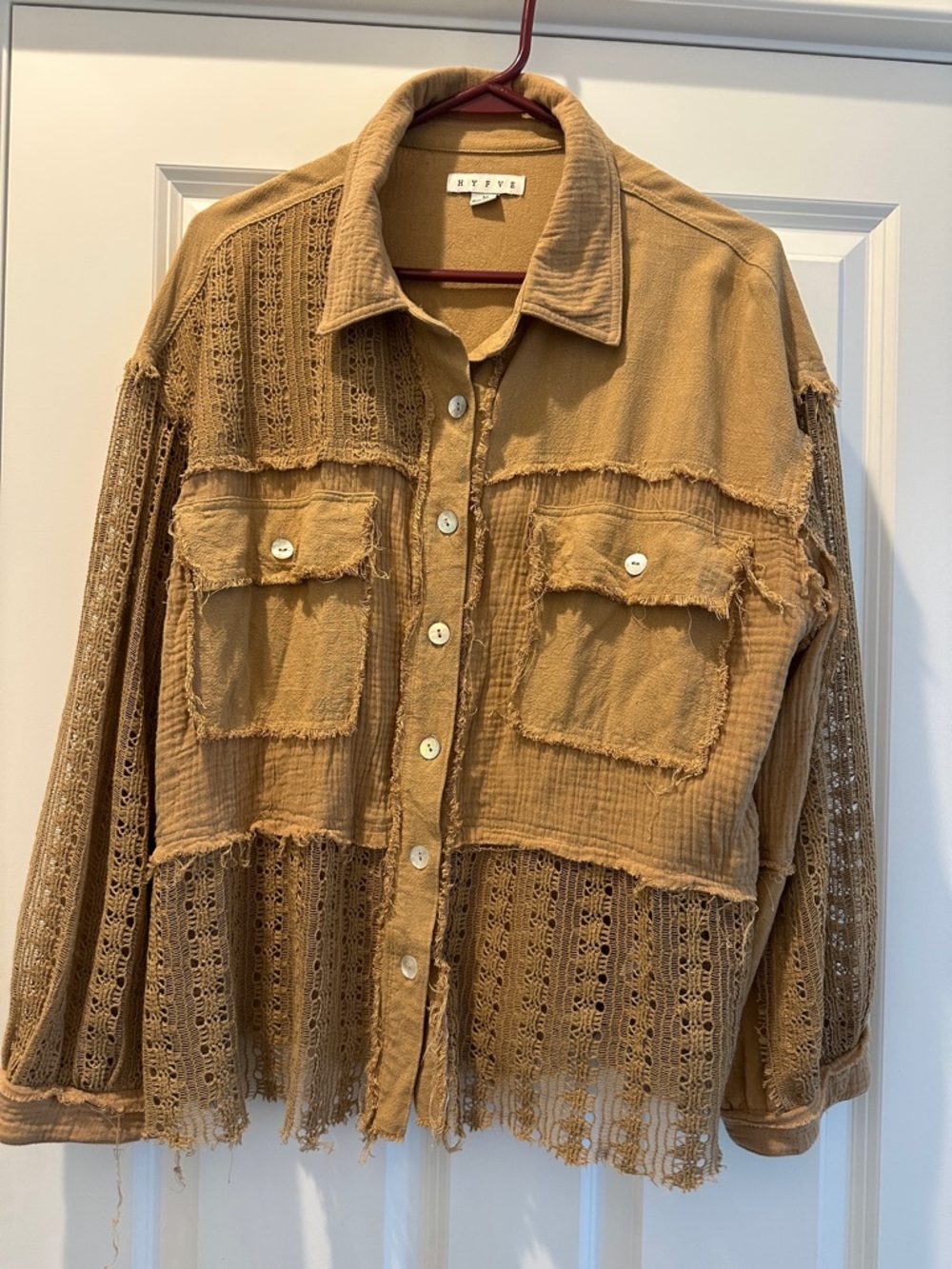 HYFVE Tan Mixed-Media Crochet-Trim Button-Up Shirt